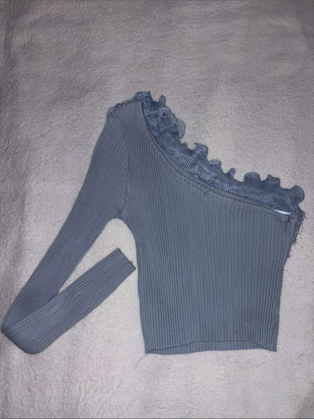 Zara Dusty Blue One-Shoulder Ruffle Ribbed Top